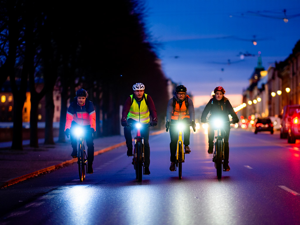 Cyklister på en kvällstur med belysning i Stockholm