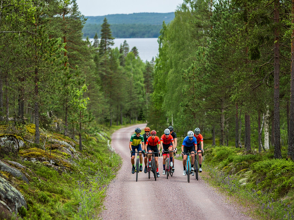 Cyklister på en långdistanstur i naturen utanför Stockholm